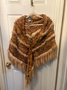 Brown real Fur Shawl Collar Poncho - Tan/Brown